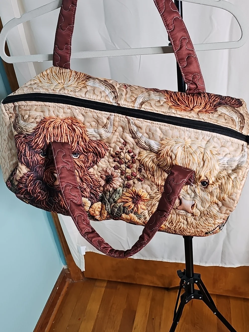 Quilted Floral Highland Cow Weekender Bag - Brown & Cream